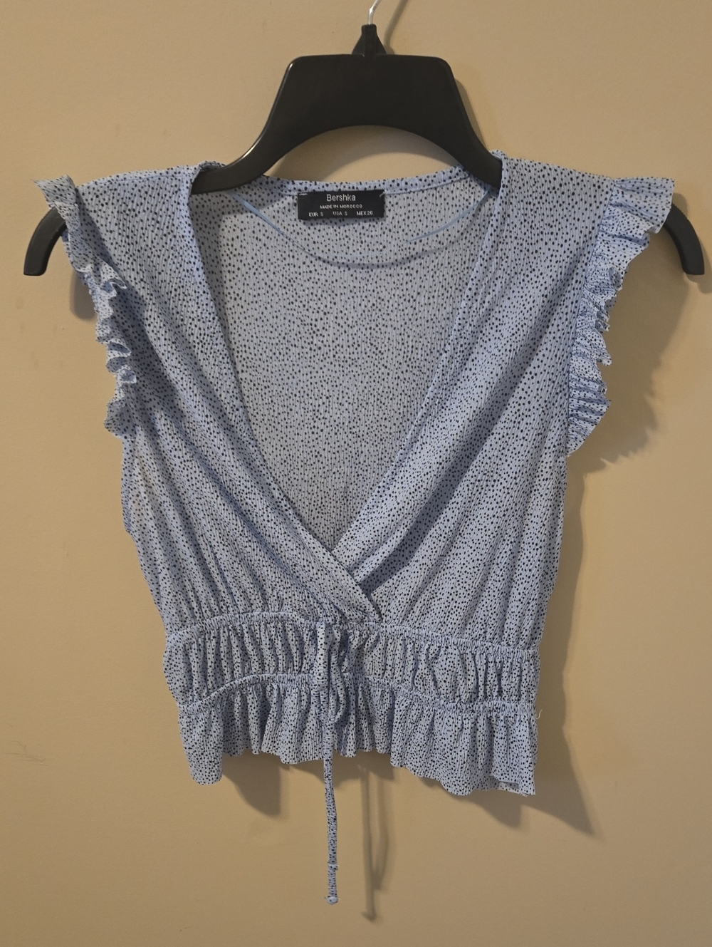 Bershka Pale Blue Dotted Ruffle Wrap Crop Top
